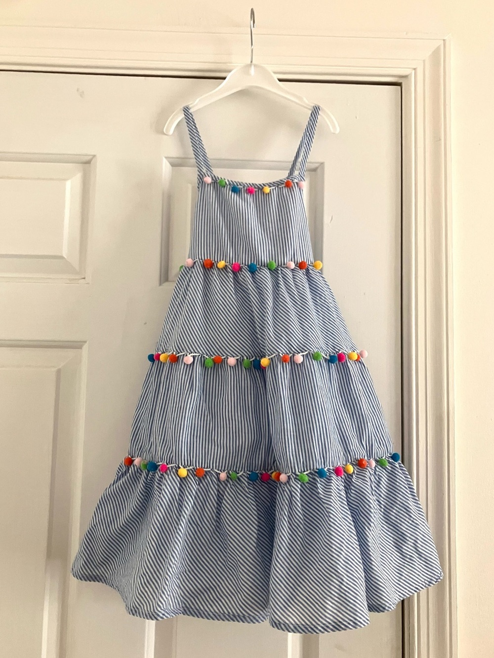Maggie & Zoe Blue and White Striped Tiered whimsical Pom-Pom Sundress-Size 6